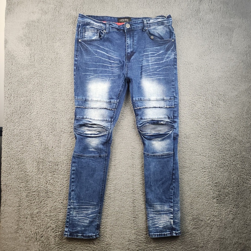 Encrypted Jeans Fit 34x29 Tag 38x32 Distress Ripped Moto Biker Denim Knee Panel